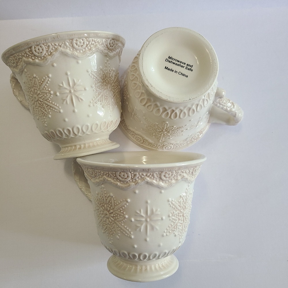 Seasonal Ivory Elegant Snowflake Collection Mug by Cracker Barrel Set of 3